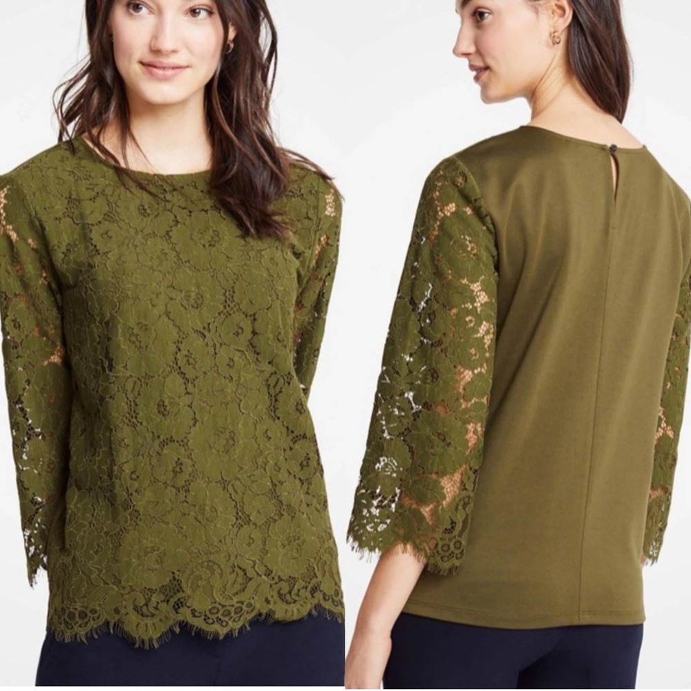 Ann Taylor Womens Lace Front Blouse‎ Top Size Small Olive Green 3/4 Sleeves Boho
